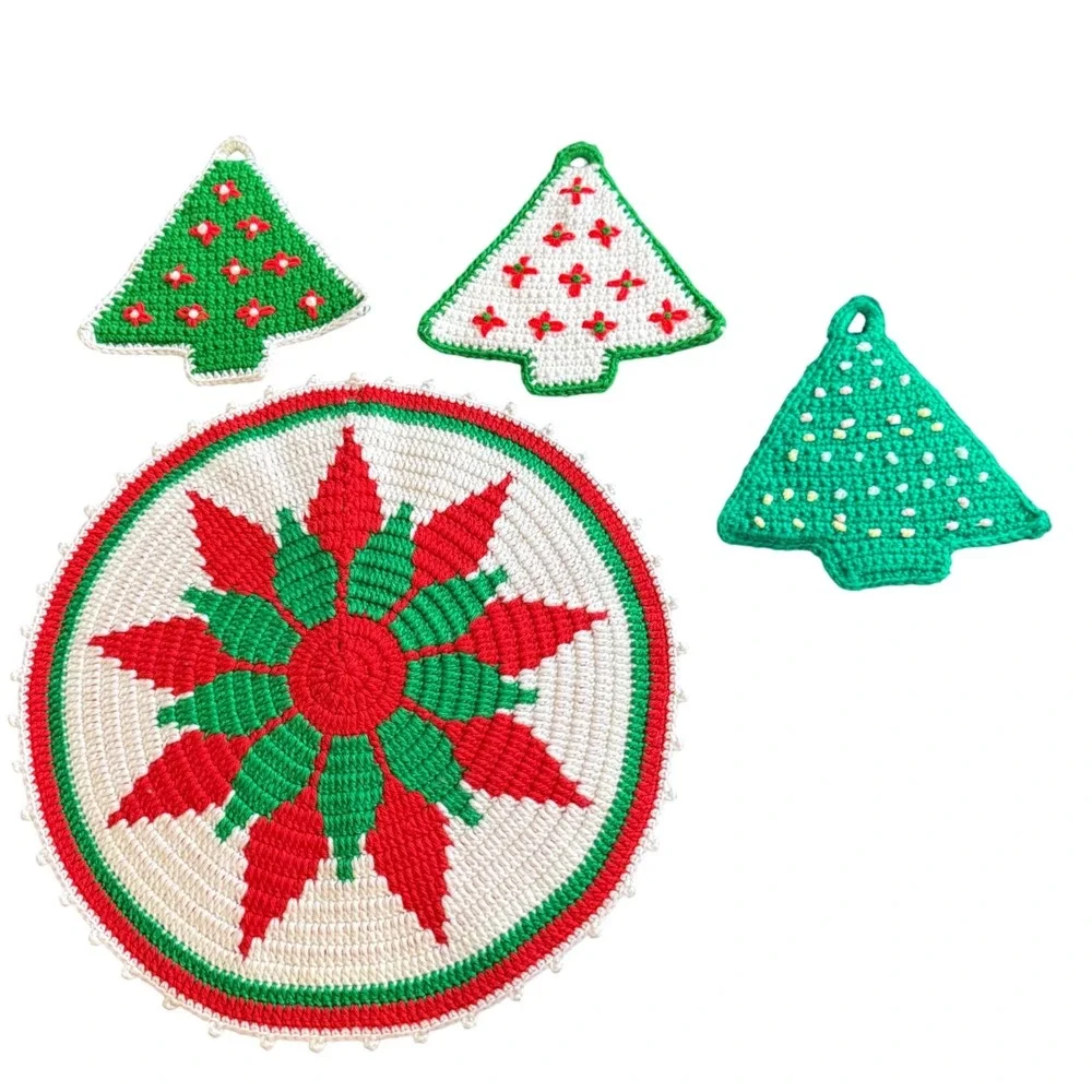 Vintage Crochet Christmas Tree Trivet Pot Holder Set Handmade Holiday Kitchen